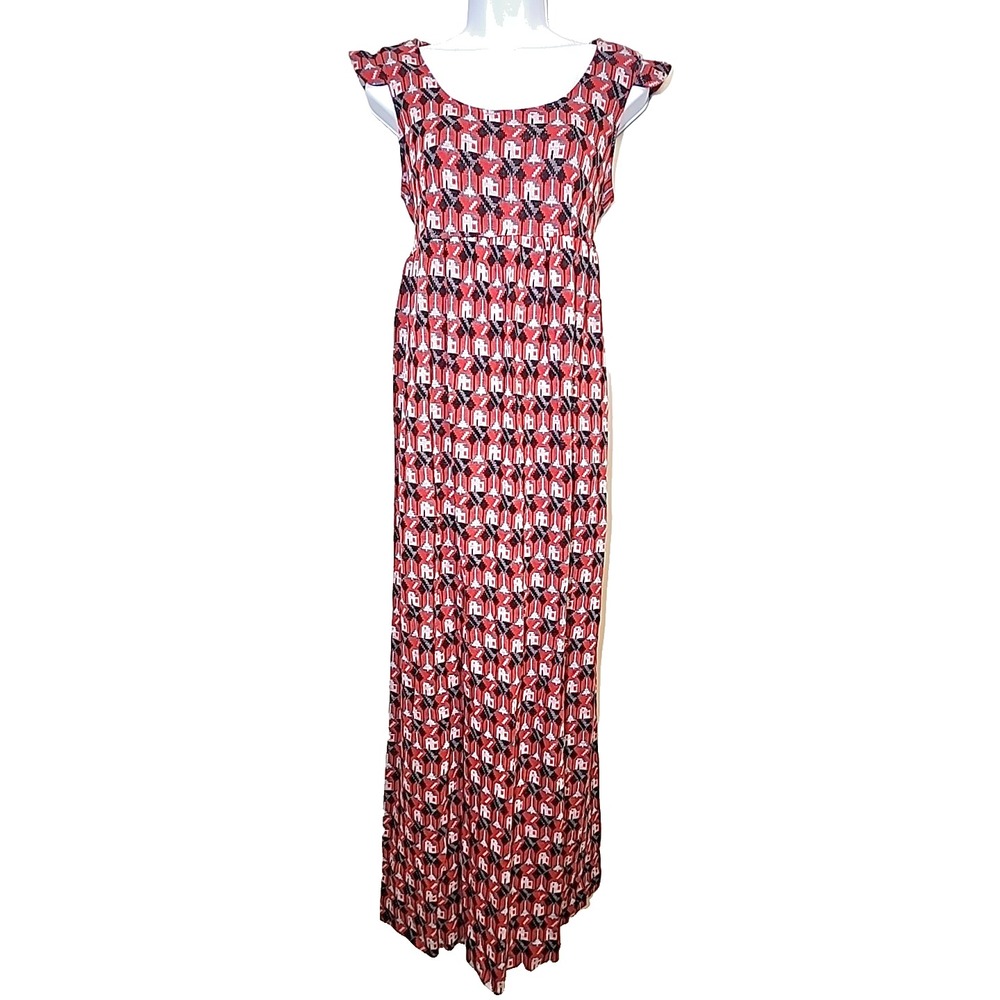 Vintage MOTHERHOOD Knit House Print Red Maternity Maxi‎ Dress SIZE M Acrylic